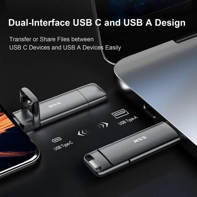 Alt view image 4 of 5 - SSK External USB C SSD Flash Drive 512GB, Up to 550MB/s 2-in-1 Type C+ USB A USB3.2 Gen2 Solid State Thumb Drive, Memory Stick Data Storage for iPhone 15/PS4/PS5/Android Phone/Windows/Mac