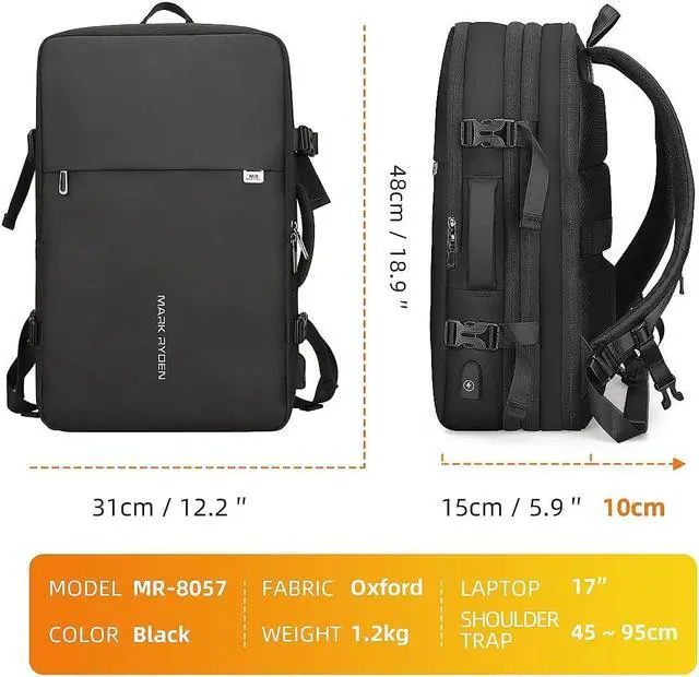 Alt view image 3 of 5 - MARK RYDEN Extra Large 40L Travel Backpack, Carry On Backpack, Water Resistant Lightweight Daypack for Flight, Business Backpack Fits 17 Inch Laptop with USB Charger for Men and Women