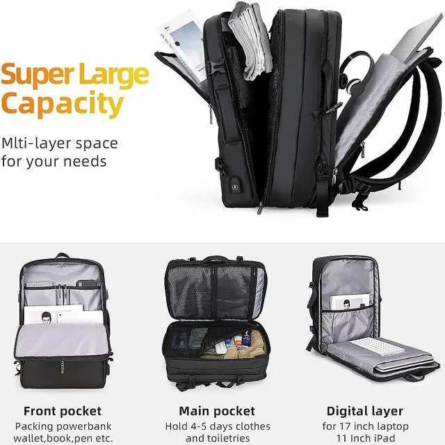 Alt view image 4 of 5 - MARK RYDEN Extra Large 40L Travel Backpack, Carry On Backpack, Water Resistant Lightweight Daypack for Flight, Business Backpack Fits 17 Inch Laptop with USB Charger for Men and Women