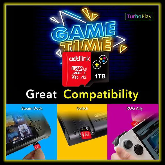Alt view image 5 of 5 - Addlink 1TB TurboPlay Gaming Micro SD Card for Nintendo-Switch 1, Steam Deck, ROG Ally, Gaming Devices UHS-I C10 U3 V30 A2 4K Video, Up to 100/80 MB/s MicroSDXCwith SD Adapter (ad1TBMSXT3A)