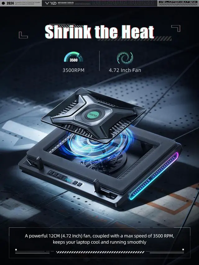 Alt view image 2 of 5 - llano V10 Gaming Laptop Cooling Pad, RGB Laptop Cooler Stand with Powerful 4.72 Inch External Turbo Cooling Fan, Fast Cooling Computer 13-17.3in, Button Control, 3 Adjustable Stand, 4-Port USB C&A