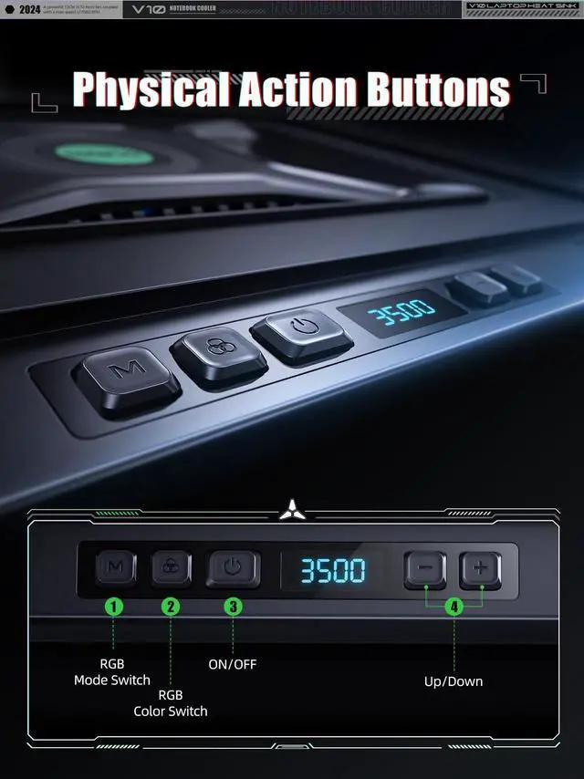 Alt view image 4 of 5 - llano V10 Gaming Laptop Cooling Pad, RGB Laptop Cooler Stand with Powerful 4.72 Inch External Turbo Cooling Fan, Fast Cooling Computer 13-17.3in, Button Control, 3 Adjustable Stand, 4-Port USB C&A