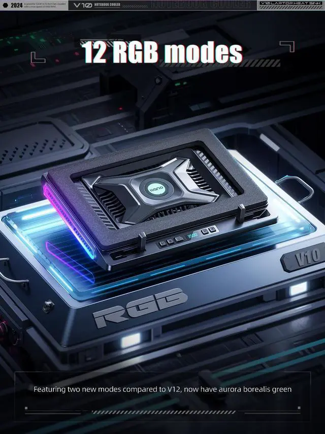 Alt view image 3 of 5 - llano V10 Gaming Laptop Cooling Pad, RGB Laptop Cooler Stand with Powerful 4.72 Inch External Turbo Cooling Fan, Fast Cooling Computer 13-17.3in, Button Control, 3 Adjustable Stand, 4-Port USB C&A