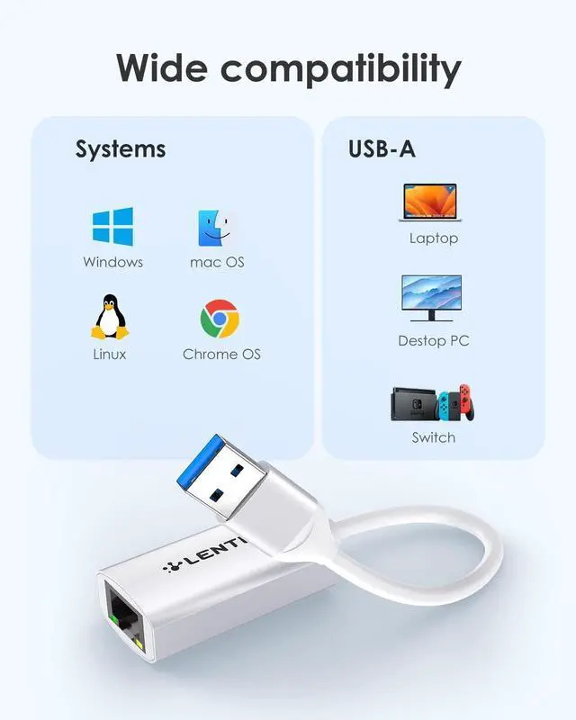 Alt view image 3 of 5 - LENTION USB 3.0 Type A to Gigabit Ethernet Adapter, RJ45 Wired LAN Network Converter Compatible with Nintendo Switch, MacBook Pro/Air, Surface, Chromebook, Windows Laptops,More (HU604, Silver)