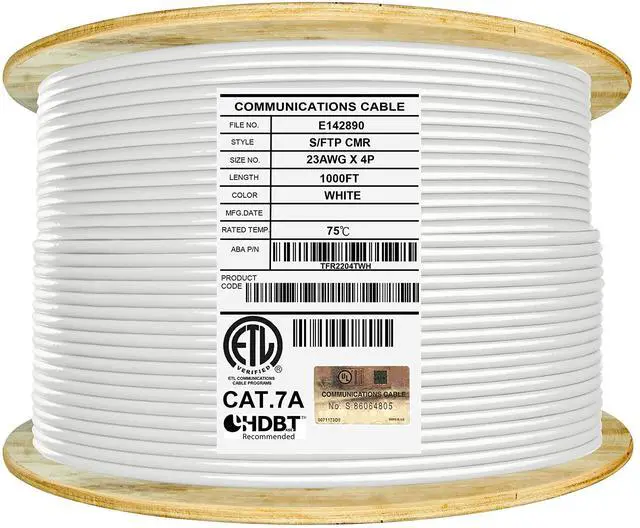 Main image of Elite CAT7A Shielded Riser (CMR), Ethernet Cable 1000ft Reel, Shielded Foil Twisted Pair (S/FTP) 23AWG, Solid Pure Bare Copper, 1000MHz, UL Certified, Easy Pull, Bulk Networking Cable - White