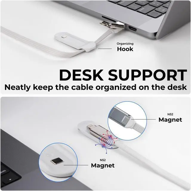 Alt view image 5 of 5 - Rolling Square inCharge XL 6-in-1 Multi Charging Cable, Portable USB and USB-C Cable with 100W Ultra-Fast Charging Power, 10 Ft/3m, Glacier White