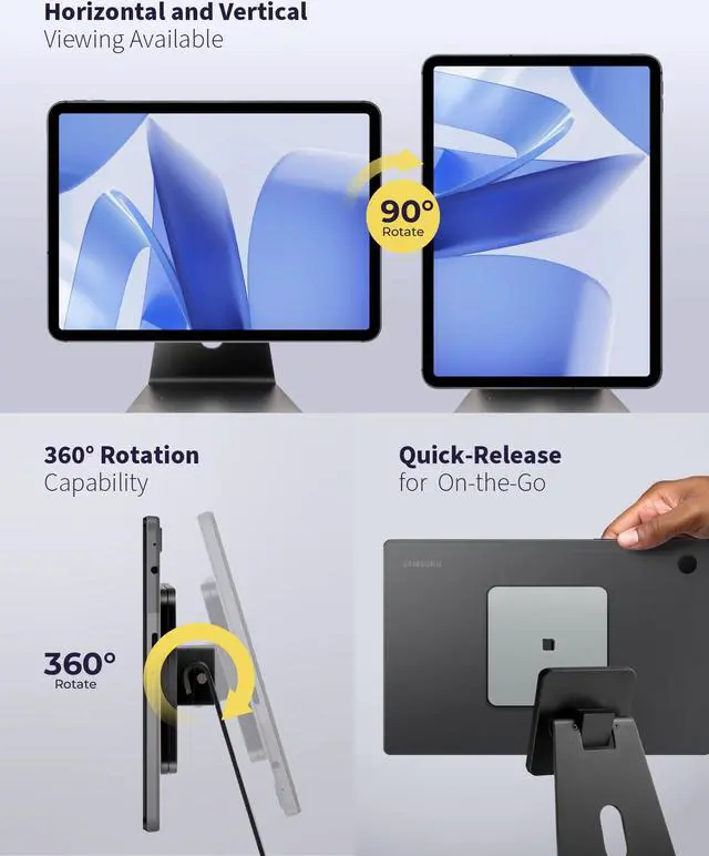 Alt view image 4 of 5 - Volcora Universal Magnetic Tablet Stand for Desk Wall Mount iPad Holder with Seperable Magnetic Board and Rotatable Back Panel, Heavy Duty, for Samsung Android Tablets, Kindle, Black