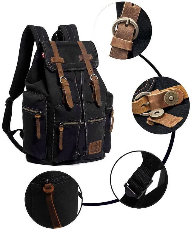 Alt view image 4 of 5 - HuaChen Vintage Canvas Backpack, Casual Daypack Travel Rucksack with Leather for Men Women, 14 Laptop Compartment & Hidden AntiTheft Pocket, Hiking/School - M32 Black