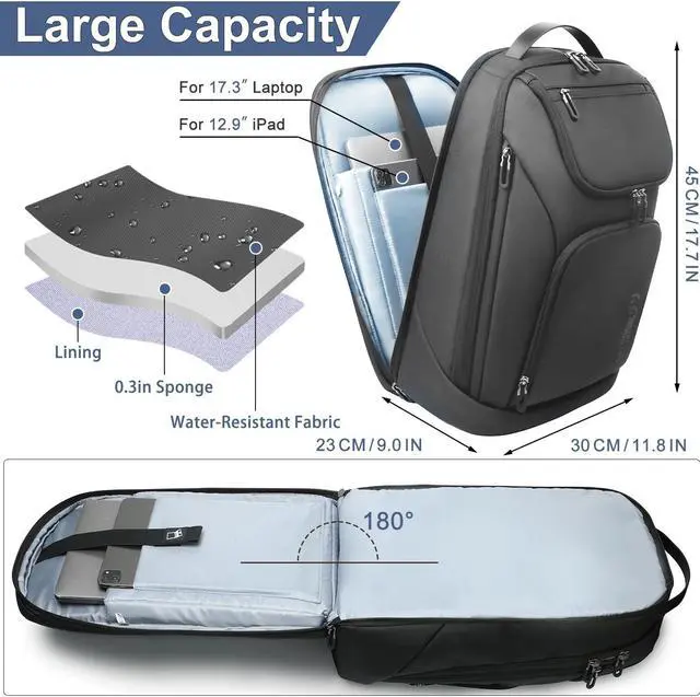 Alt view image 4 of 5 - hk Business Smart Backpack for Men Anti-Theft for 17.3 Inch Laptop with USB Charging Port Water-Resistant Large Durable Compact 30L for Travel College Work-Black