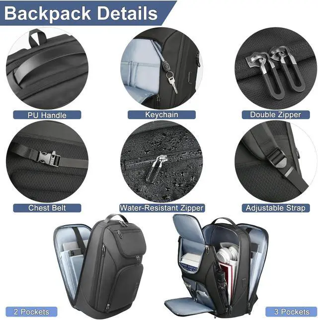 Alt view image 5 of 5 - hk Business Smart Backpack for Men Anti-Theft for 17.3 Inch Laptop with USB Charging Port Water-Resistant Large Durable Compact 30L for Travel College Work-Black