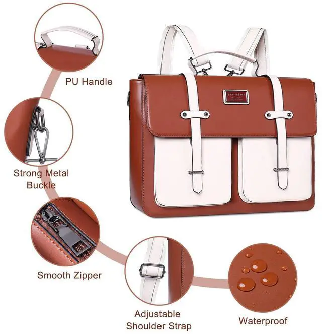 Alt view image 5 of 5 - MOSISO Laptop Bag for Women, 15-15.6 inch Laptop Backpack Messenger Shoulder Bag with Front 2 Pockets for Business, Travel, Work, Office, Brown