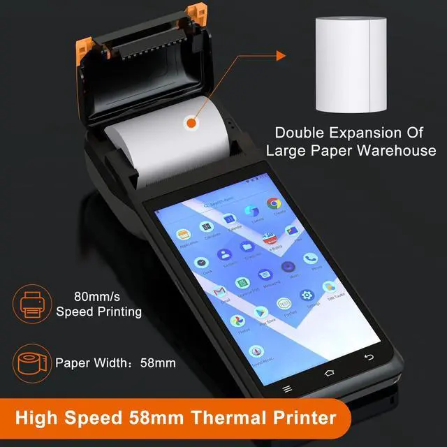 Alt view image 5 of 5 - alacrity POS PDA Receipt Printer, Handheld PDA Printer Mobile POS Machine 5.5" Touch Screen 58mm Thermal Printers Android 8.1 Support 4G WiFi Bluetooth Communication Orange