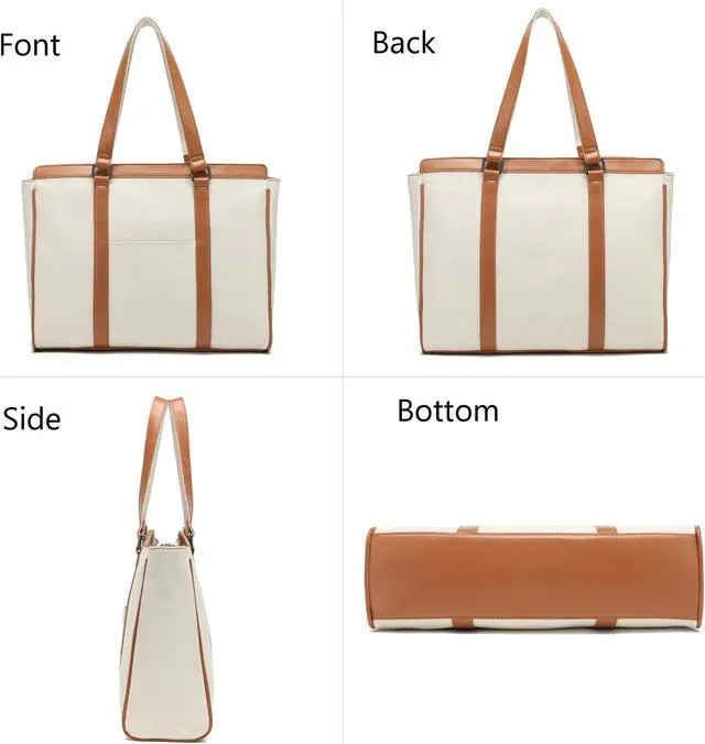 Alt view image 2 of 5 - Laptop Bag 15.6 Inch with Zipper Pockets Canvas Work Tote Bags for Women Teacher Ladies, Off-White