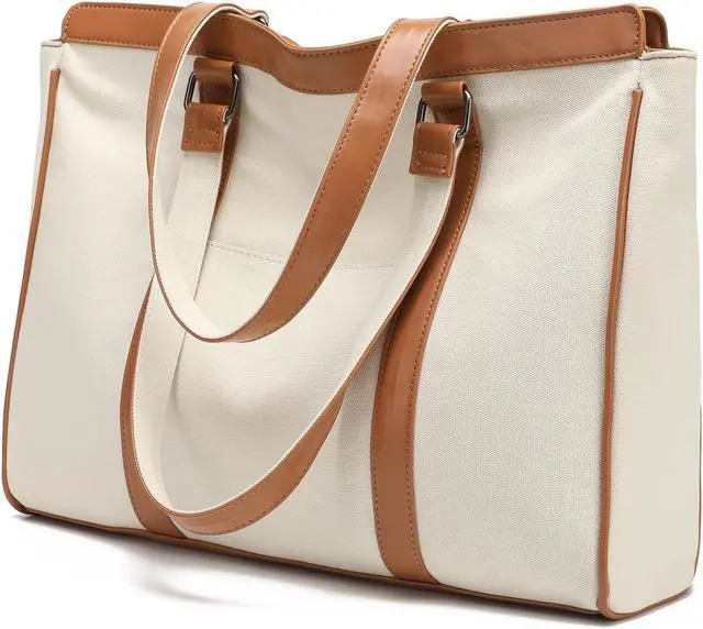 Main image of Laptop Bag 15.6 Inch with Zipper Pockets Canvas Work Tote Bags for Women Teacher Ladies, Off-White