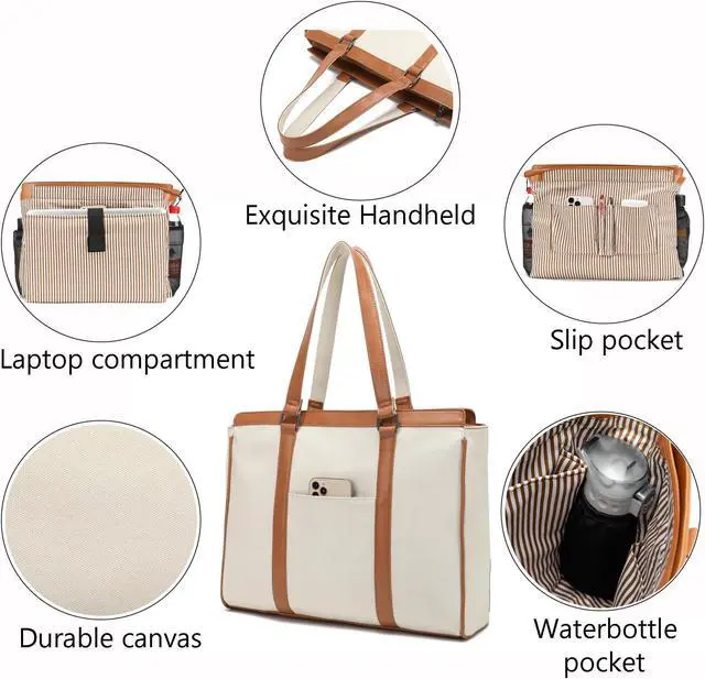 Alt view image 4 of 5 - Laptop Bag 15.6 Inch with Zipper Pockets Canvas Work Tote Bags for Women Teacher Ladies, Off-White
