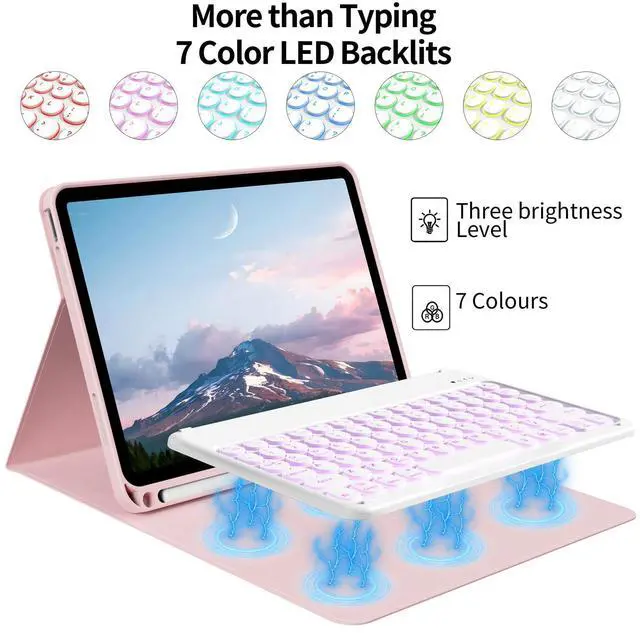 Alt view image 4 of 5 - BQDIYOO for iPad 11th 10th Generation Case with Keyboard 2025 2022, 11 inch A16/10.9" 7 Color Backlit Wireless Detachable Keyboard Case with Pencil Holder, Auto Sleep/Wake Tablet Cover, Pink