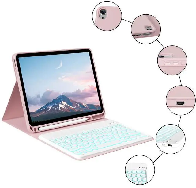 Alt view image 5 of 5 - BQDIYOO for iPad 11th 10th Generation Case with Keyboard 2025 2022, 11 inch A16/10.9" 7 Color Backlit Wireless Detachable Keyboard Case with Pencil Holder, Auto Sleep/Wake Tablet Cover, Pink