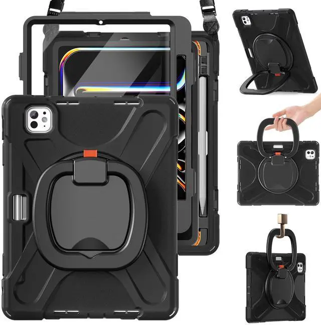 Main image of BRAECN Case for iPad Pro 11-Inch (M4) 2024, Heavy Duty Silicone Cover with Screen Protector, Pencil Holder, Shoulder Strap, 360deg Rotating Handle Grip, Stable Kickstand for iPad Pro 11 2024, Black