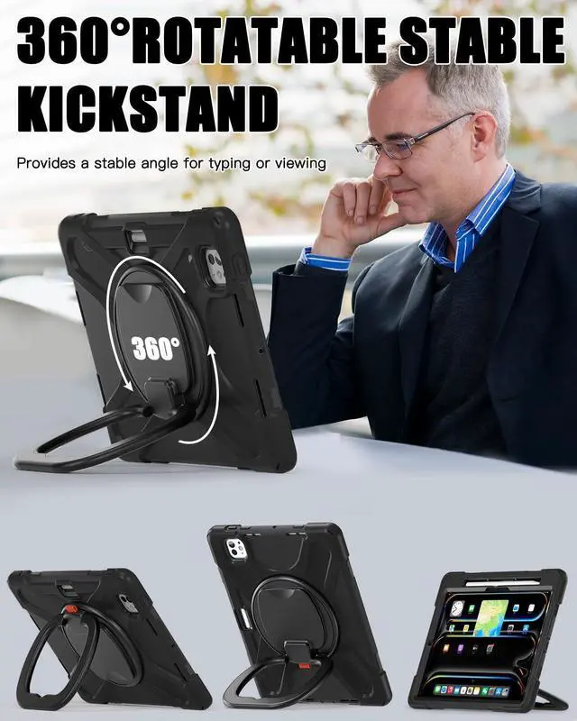 Alt view image 3 of 5 - BRAECN Case for iPad Pro 11-Inch (M4) 2024, Heavy Duty Silicone Cover with Screen Protector, Pencil Holder, Shoulder Strap, 360deg Rotating Handle Grip, Stable Kickstand for iPad Pro 11 2024, Black