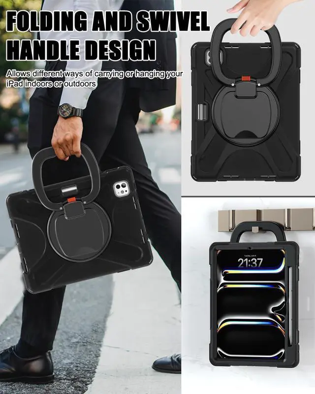 Alt view image 4 of 5 - BRAECN Case for iPad Pro 11-Inch (M4) 2024, Heavy Duty Silicone Cover with Screen Protector, Pencil Holder, Shoulder Strap, 360deg Rotating Handle Grip, Stable Kickstand for iPad Pro 11 2024, Black