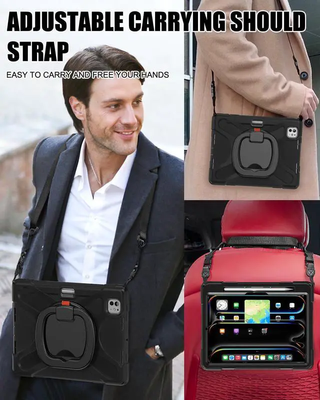 Alt view image 5 of 5 - BRAECN Case for iPad Pro 11-Inch (M4) 2024, Heavy Duty Silicone Cover with Screen Protector, Pencil Holder, Shoulder Strap, 360deg Rotating Handle Grip, Stable Kickstand for iPad Pro 11 2024, Black