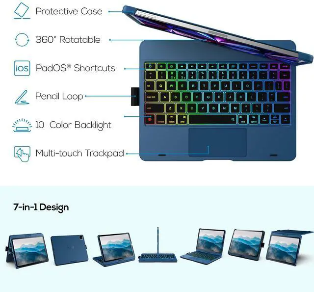 Alt view image 3 of 5 - typecase Touch Keyboard Case for iPad Air 11-inch (M3 2025 / M2 2024)& iPad Pro 11(4th/3rd/2nd/1st Gen): Multi-Touch Trackpad&11 Colors Backlight&360°Rotatable for iPad Air 5th & 4th Gen,Pacific Blue