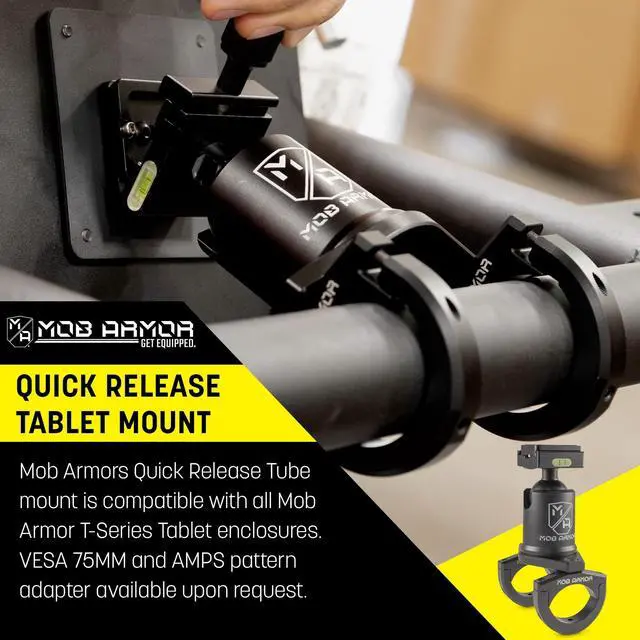 Alt view image 2 of 5 - Mob Armor Quick Release Maxx Tube Mount - Adjustable Tablet Holder with Rotating and Tilting Housing, Quick-Detach Mechanism, and Secure Clamp for Mounting on Tubes in Vehicles, Worksites, and Gyms