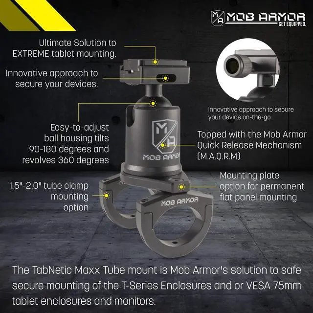 Alt view image 4 of 5 - Mob Armor Quick Release Maxx Tube Mount - Adjustable Tablet Holder with Rotating and Tilting Housing, Quick-Detach Mechanism, and Secure Clamp for Mounting on Tubes in Vehicles, Worksites, and Gyms