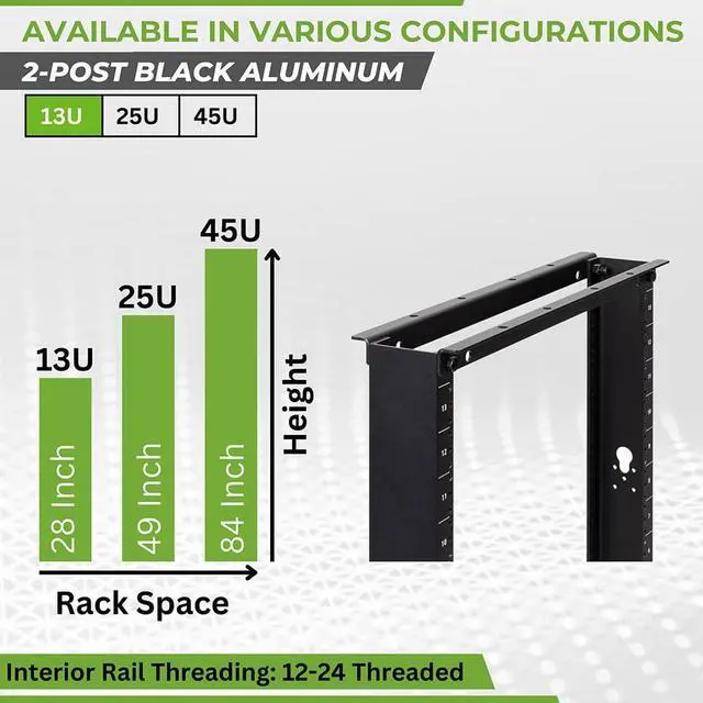 Alt view image 3 of 5 - NavePoint 13U 2 Post Open Frame Server Rack for 19 Inch Equipment, AV, Networking, Data & IT Devices, 2-Post Rack 13U 661lbs Weight Capacity, Black