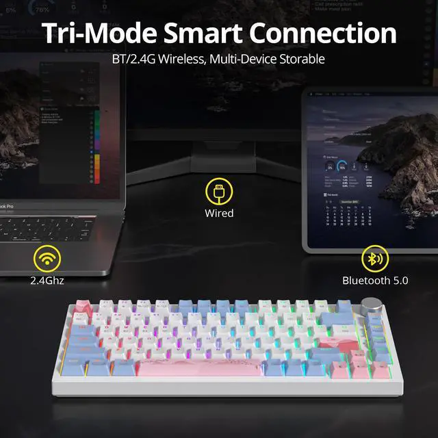Alt view image 4 of 5 - iTastatur 82 Keys Wireless Gaming Keyboard 75 Percent,Triple Mode Bluetooth/2.4Ghz/USB Pre-lubed Hot Swappable Mechanical Keyboard, w/Knob&Sound-Absorbing Pads,4000mAh Battery for Mac/Win (Pink)