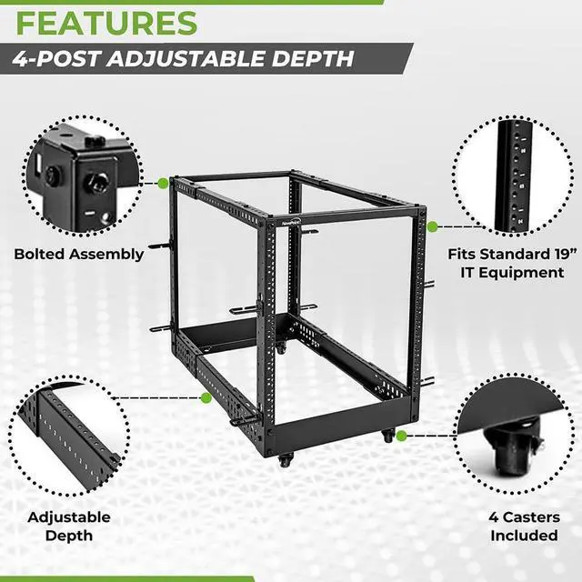 Alt view image 2 of 5 - NavePoint 12U 4 Post Server Rack  Open Frame Rack for 19 Inch Equipment, Adjustable Depth 4-Post Network Rack with Casters Wheels, 12U Server Rack 1320lbs Capacity, Black