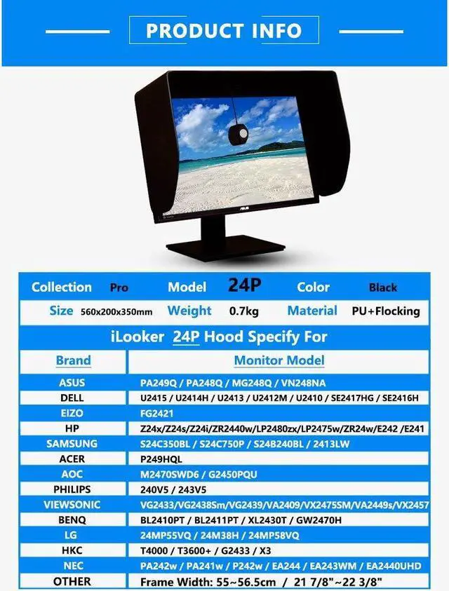 Alt view image 2 of 5 - iLooker-24P 24 inch Pro Edition LCD LED Video Monitor Hood Sunshade Sunhood for Dell HP Viewsonic Philips Samsung LG EIZO NEC ASUS ACER BENQ AOC Lenovo, Fits Monitor Frame Width 550-565mm