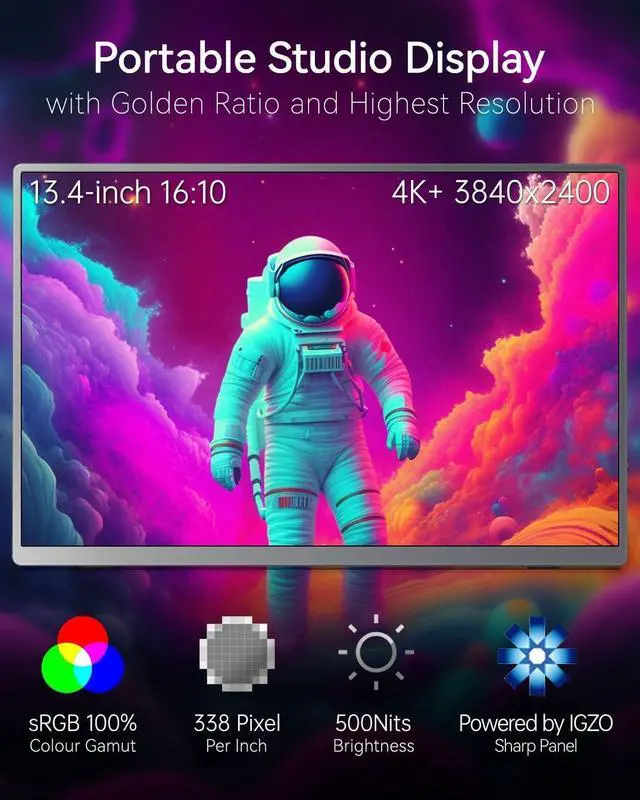 Alt view image 2 of 5 - Intehill 4K Portable Monitor for Laptop, MacBook and Mini PC High-end 13.4 inch Small Computer Monitor with Golden Ratio 16:10 and Resolution 3840x2400 U13NA