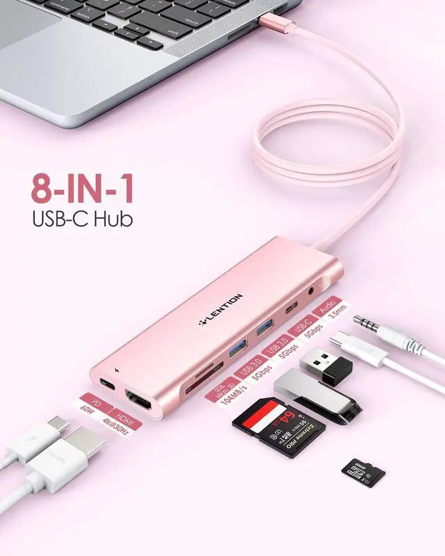 Alt view image 2 of 5 - LENTION 3.3FT Long Cable USB C Hub with 4K HDMI, 2 USB 3.0, Card Reader, Aux, Type C Data/Charging Compatible 2023-2016 MacBook Pro, Mac Air/Surface, More, Stable Driver Adapter (CB-C37, Rose Gold)