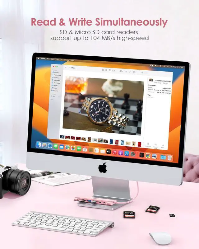 Alt view image 3 of 5 - LENTION 3.3FT Long Cable USB C Hub with 4K HDMI, 2 USB 3.0, Card Reader, Aux, Type C Data/Charging Compatible 2023-2016 MacBook Pro, Mac Air/Surface, More, Stable Driver Adapter (CB-C37, Rose Gold)