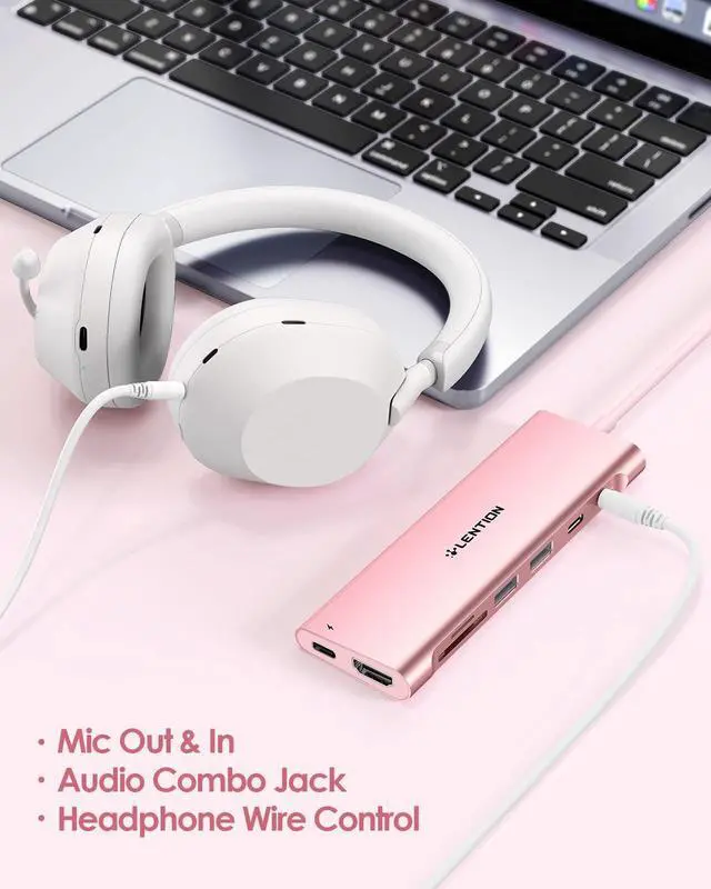 Alt view image 5 of 5 - LENTION 3.3FT Long Cable USB C Hub with 4K HDMI, 2 USB 3.0, Card Reader, Aux, Type C Data/Charging Compatible 2023-2016 MacBook Pro, Mac Air/Surface, More, Stable Driver Adapter (CB-C37, Rose Gold)