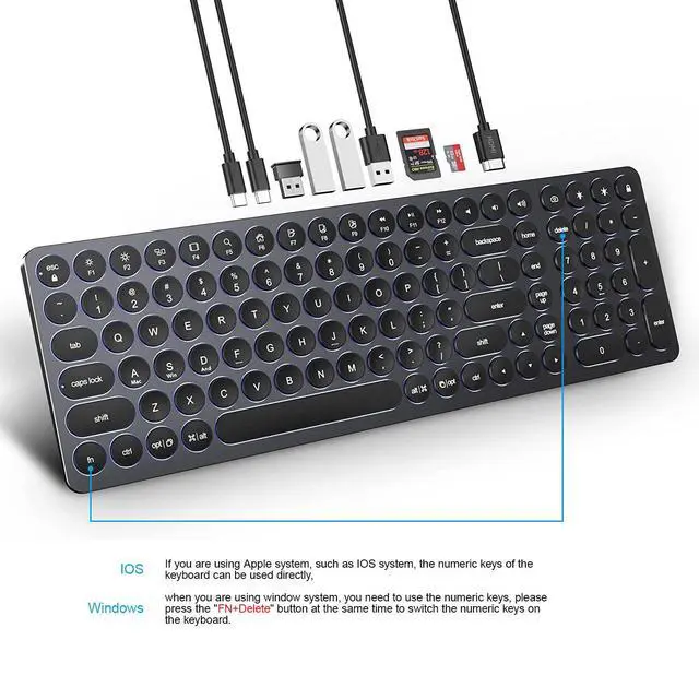 Alt view image 3 of 5 - Kolude USB HUB Wired Full Size Computer Keyboard with Number Pad,9 in 1 USB C Docking Station with 4K HDMI,4 USB Ports,100W PD, SD/TF, Compatible with MacBook, MacOS, Windows & Android Black