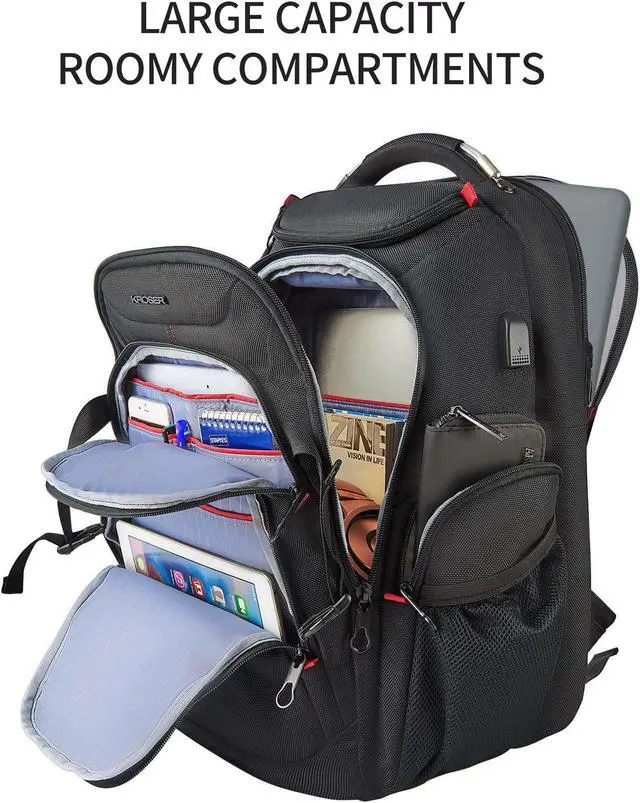 Alt view image 5 of 5 - KROSER Travel Laptop Backpack 17.3 Inch XL Computer Backpack with Hard Shell Saferoom RFID Pockets Water-Repellent Business College Daypack Stylish Bag for Men/Women-Black