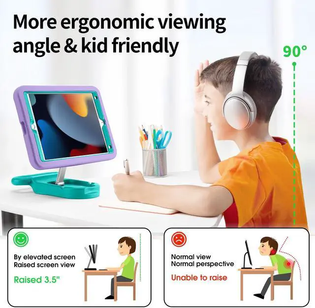 Alt view image 5 of 5 - LeiJue Kids Case for iPad 7th/8th/9th Gen 10.2 inch,Adjustable Portrait/Landscape Stand/Drop Proof with Handle/Kickstand,Child Friendly Protective Cover for iPad 10.2 2021/2020/2019 (PurpleGreen)
