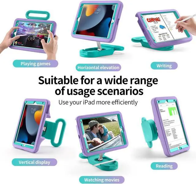 Alt view image 3 of 5 - LeiJue Kids Case for iPad 7th/8th/9th Gen 10.2 inch,Adjustable Portrait/Landscape Stand/Drop Proof with Handle/Kickstand,Child Friendly Protective Cover for iPad 10.2 2021/2020/2019 (PurpleGreen)