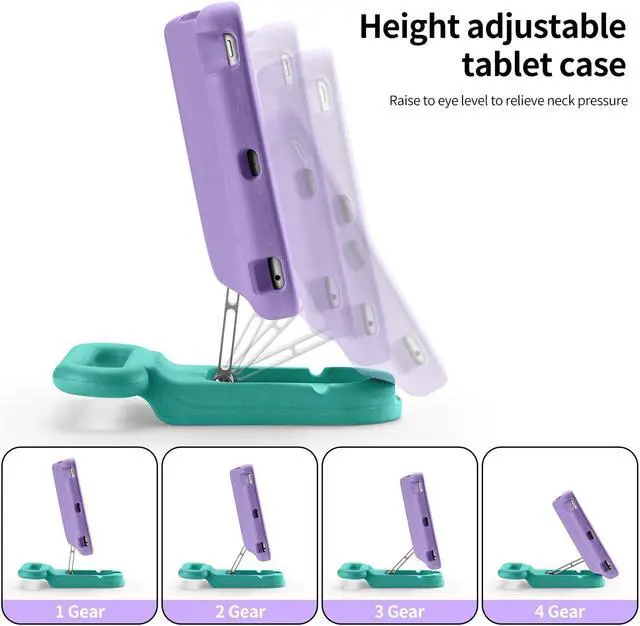 Alt view image 4 of 5 - LeiJue Kids Case for iPad 7th/8th/9th Gen 10.2 inch,Adjustable Portrait/Landscape Stand/Drop Proof with Handle/Kickstand,Child Friendly Protective Cover for iPad 10.2 2021/2020/2019 (PurpleGreen)