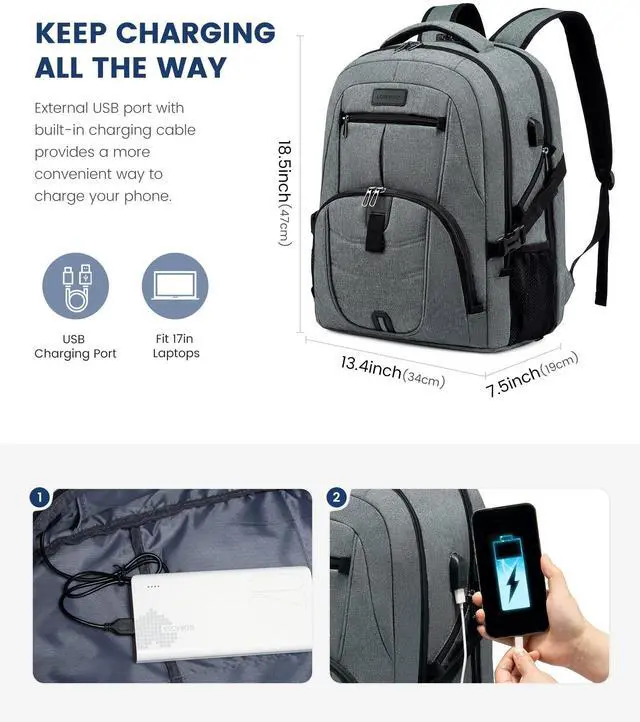 Alt view image 3 of 5 - LOVEVOOK 17 inch DarkGrey Travel Laptop Backpack with USB Charging Port, Anti-Theft, Waterproof, Large Computer Business Backpack for Men, College Students