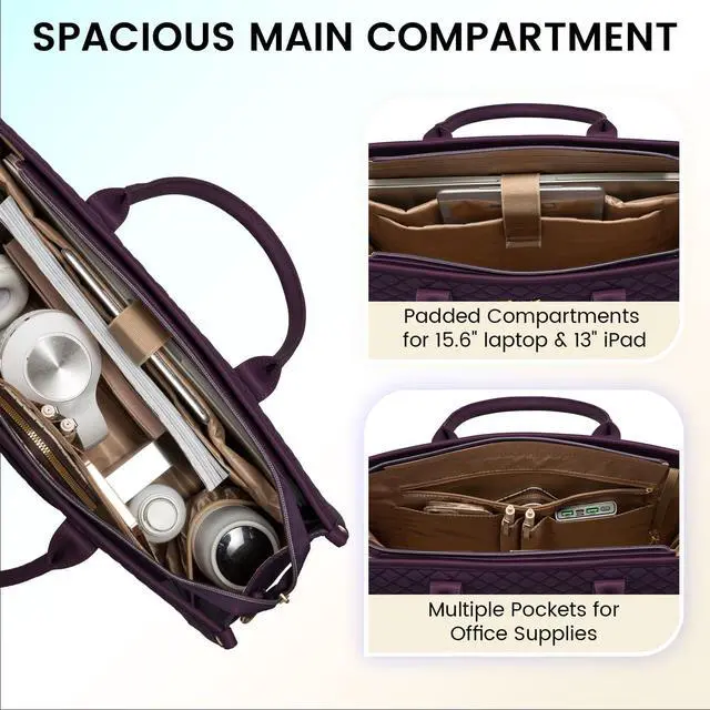 Alt view image 2 of 5 - LOVEVOOK Laptop Bags for Women, 15.6 inch Waterproof Work Tote Bag with Clutch, Professional Teacher Computer Purse Lightweight Shoulder Bag Travel, Quilted Purple