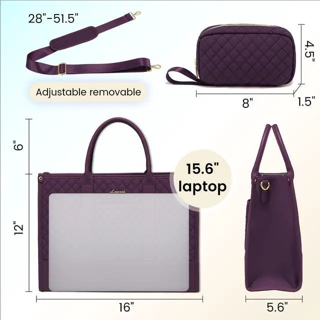 Alt view image 5 of 5 - LOVEVOOK Laptop Bags for Women, 15.6 inch Waterproof Work Tote Bag with Clutch, Professional Teacher Computer Purse Lightweight Shoulder Bag Travel, Quilted Purple