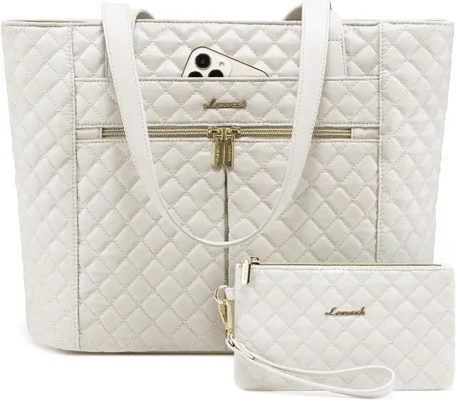 Main image of LOVEVOOK Women's 15.6 inch Diamond Quilted Work Tote, Stylish Travel Tote Bag Laptop Purse Briefcase Case Handbag with Clutch Bag, Off-white