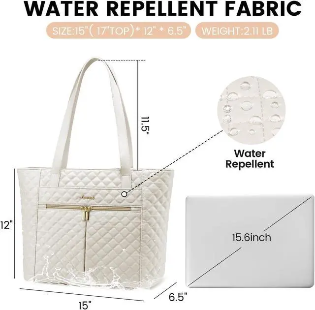Alt view image 3 of 5 - LOVEVOOK Women's 15.6 inch Diamond Quilted Work Tote, Stylish Travel Tote Bag Laptop Purse Briefcase Case Handbag with Clutch Bag, Off-white