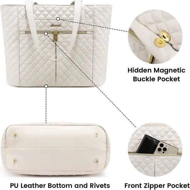 Alt view image 4 of 5 - LOVEVOOK Women's 15.6 inch Diamond Quilted Work Tote, Stylish Travel Tote Bag Laptop Purse Briefcase Case Handbag with Clutch Bag, Off-white