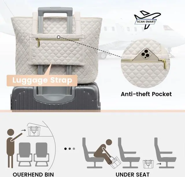 Alt view image 5 of 5 - LOVEVOOK Women's 15.6 inch Diamond Quilted Work Tote, Stylish Travel Tote Bag Laptop Purse Briefcase Case Handbag with Clutch Bag, Off-white