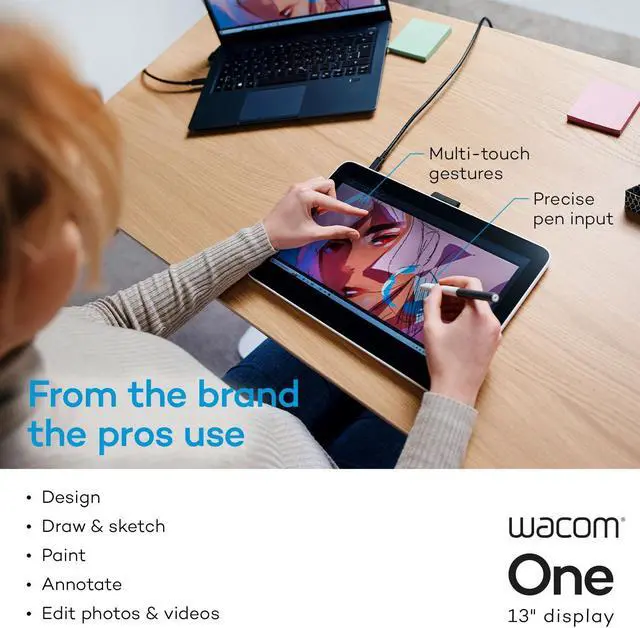 Alt view image 2 of 5 - Wacom One 13 Touch Drawing Tablet with Screen, 13.3" HD Full-Laminated Touchscreen Digital Art Pad with Creative Software and Training, Graphics Drawing Tablet for Mac, Windows PC, Chromebook