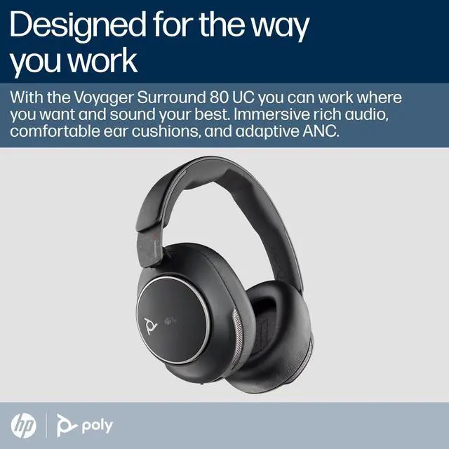 Alt view image 2 of 5 - Poly Voyager Surround 80 UC Bluetooth Headset (Plantronics) - Noise-Canceling Mics for Clear Calls - Adaptive ANC - Works w/iPhone, Android, PC/Mac, Zoom, Microsoft Teams (Certified) - Exclusive